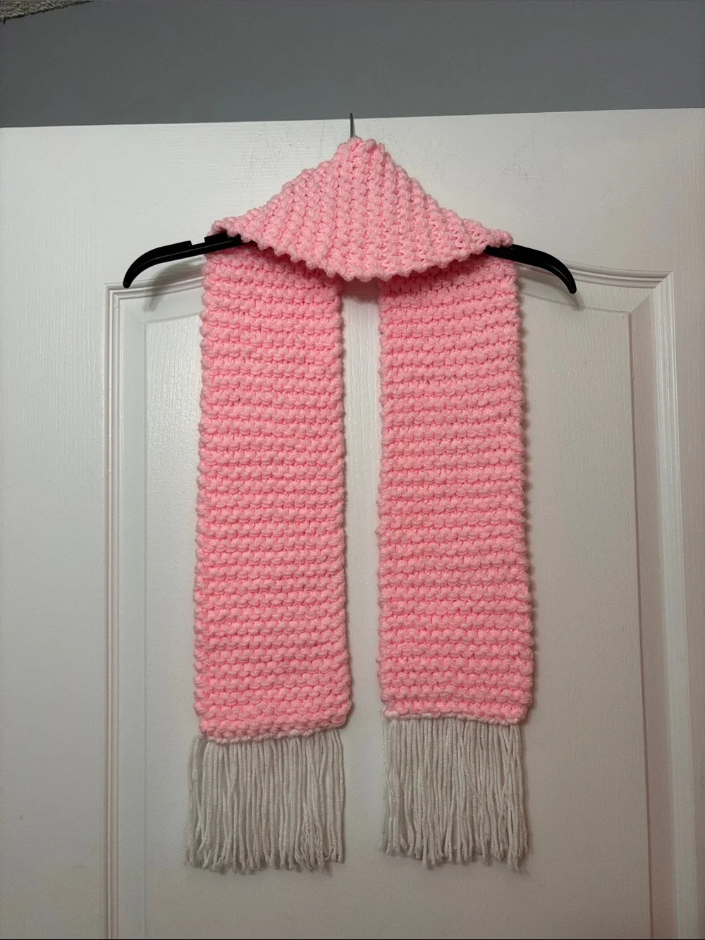 Handmade Alabama Pink Knit Scarf with White Fringe